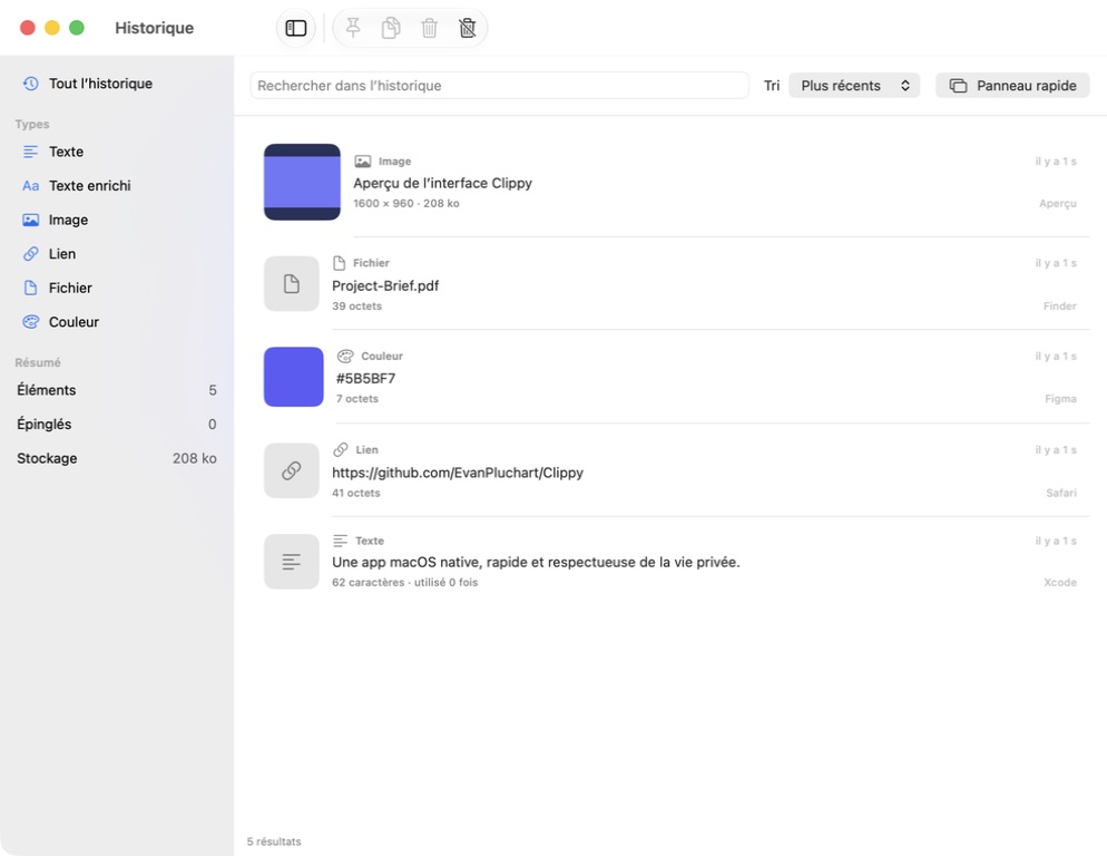 Fenêtre d’historique de Clippy en français