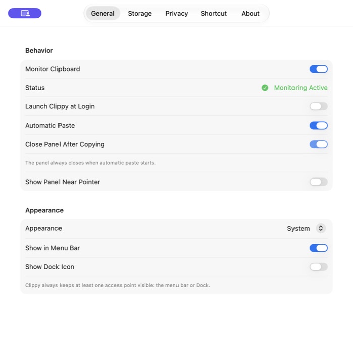 Clippy general settings in English